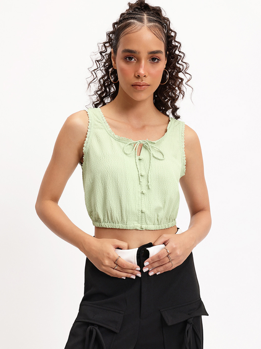 DressBerry  Lace Inserts and Tie-up Detailed Cinched Waist Seersucker Top