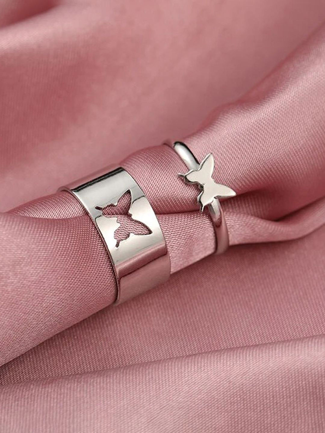 Jewels Galaxy Set of 2 Silver-Plated  Adjustable Finger Double Ring With Butterfly Design