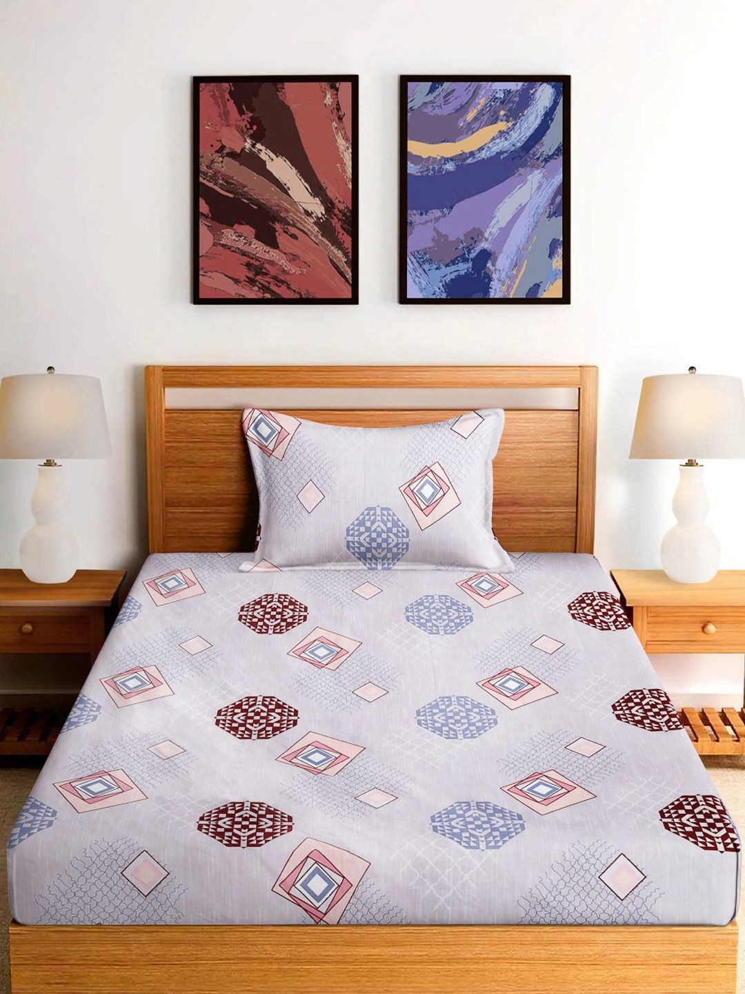 FABINALIV Flsbs-1209-Multi Blue Geometric Polycotton Skin-Friendly 300 TC Single Fine Bedsheet with a Pillow Cover-225 x 150 cm