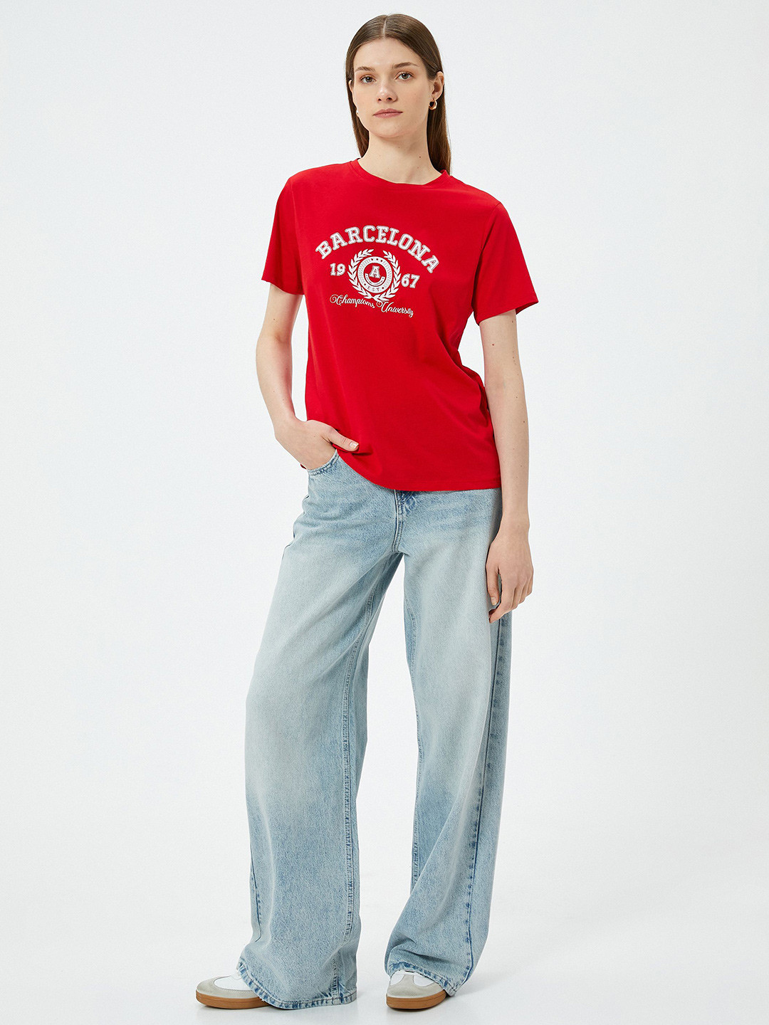 Koton Women Cherry Red Varsity Printed Round Neck T-shirt