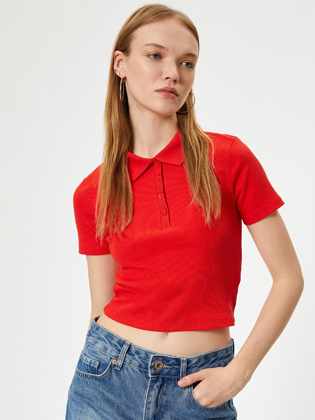Koton Women Polo Collar Solid Slim Fit Cherry Red T-shirt