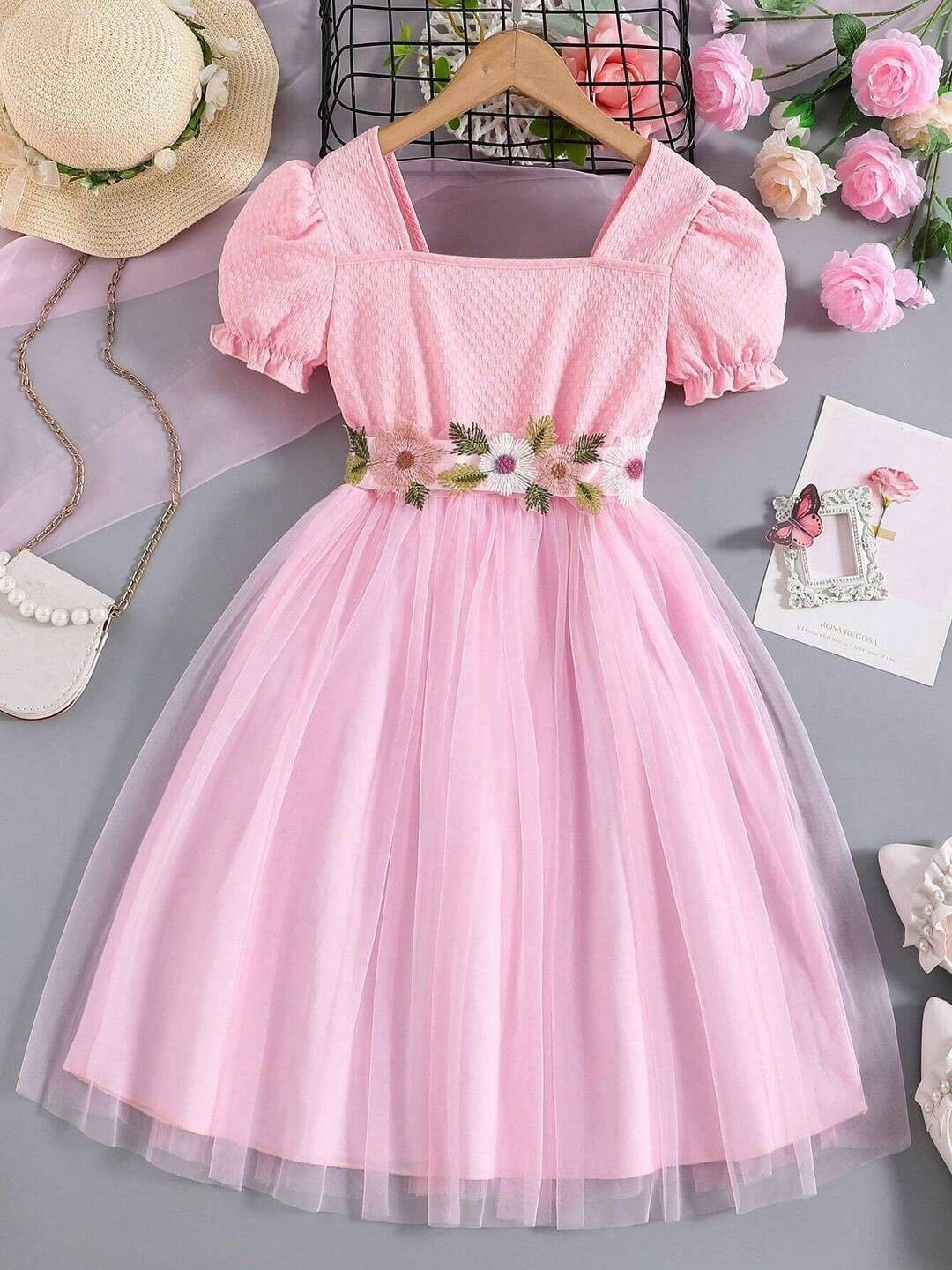 BAESD Square Neck Puffed Sleeve Net Fit & Flare Dress
