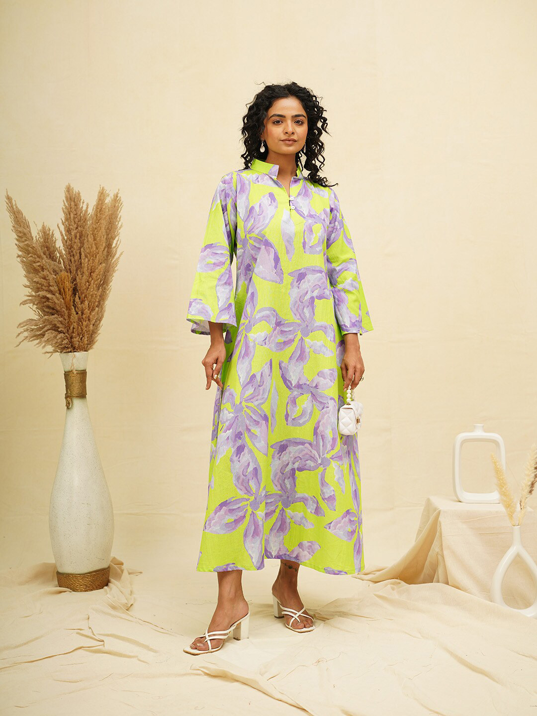 THE SAFFRON SAGA Print Cotton A-Line Dress