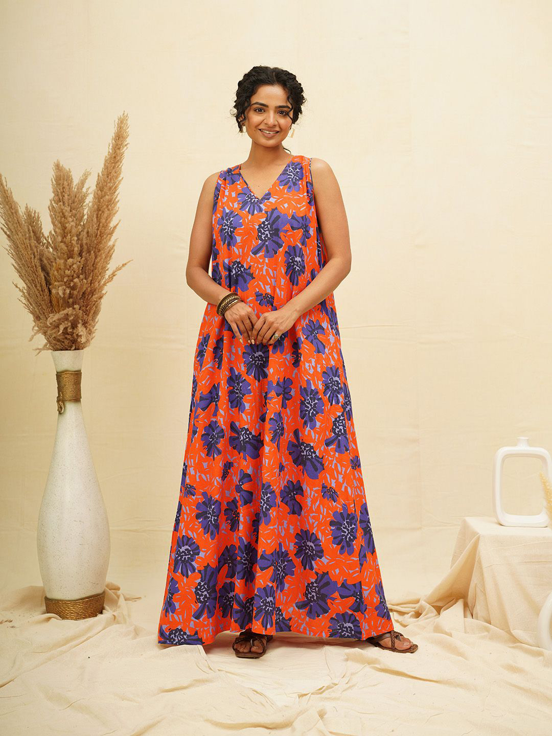 THE SAFFRON SAGA Floral Print Maxi Comfort Dress