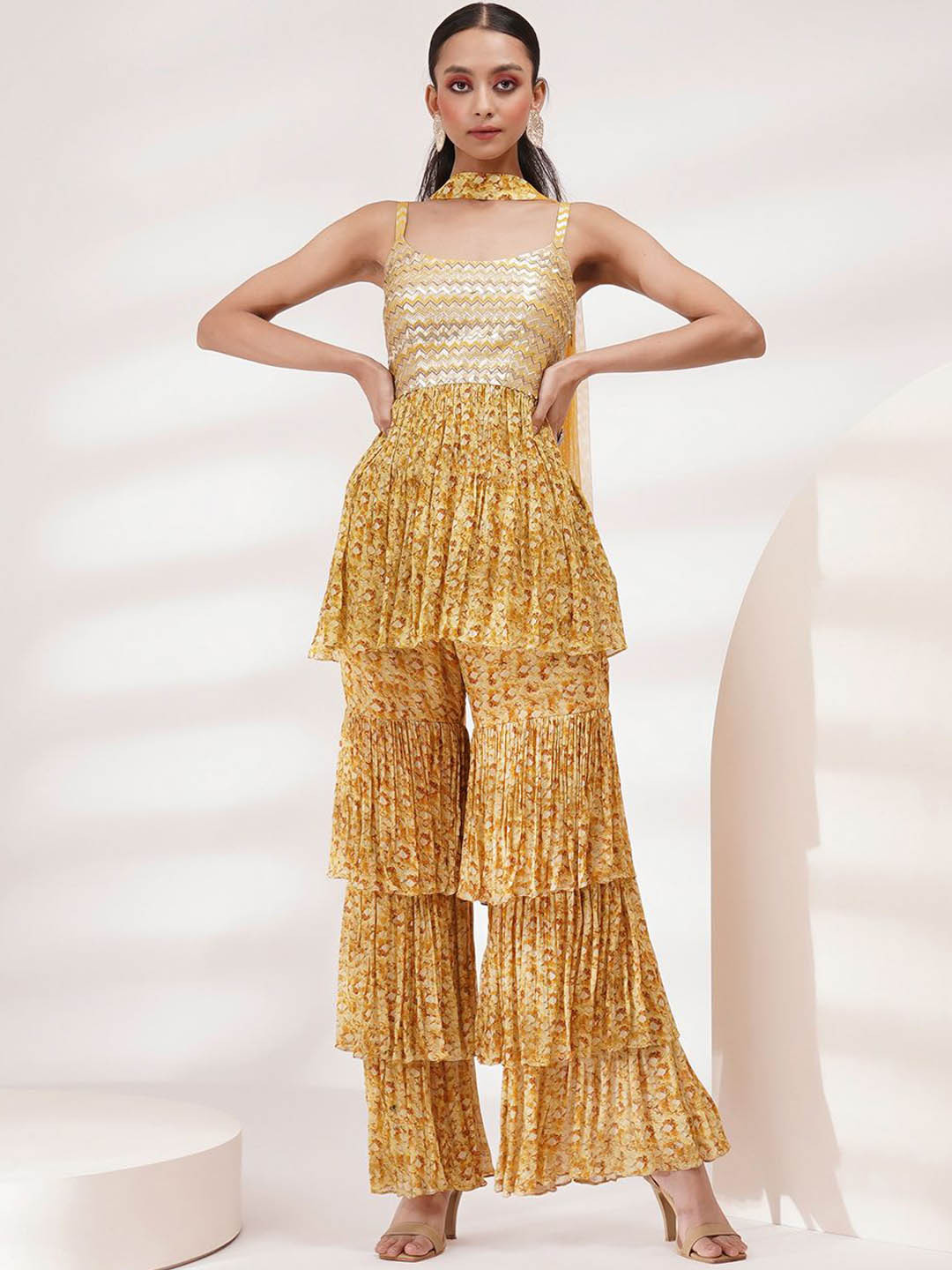 Breathe by Aakanksha Singh Floral Regular Chanderi Silk Kurti with Sharara & Dupatta