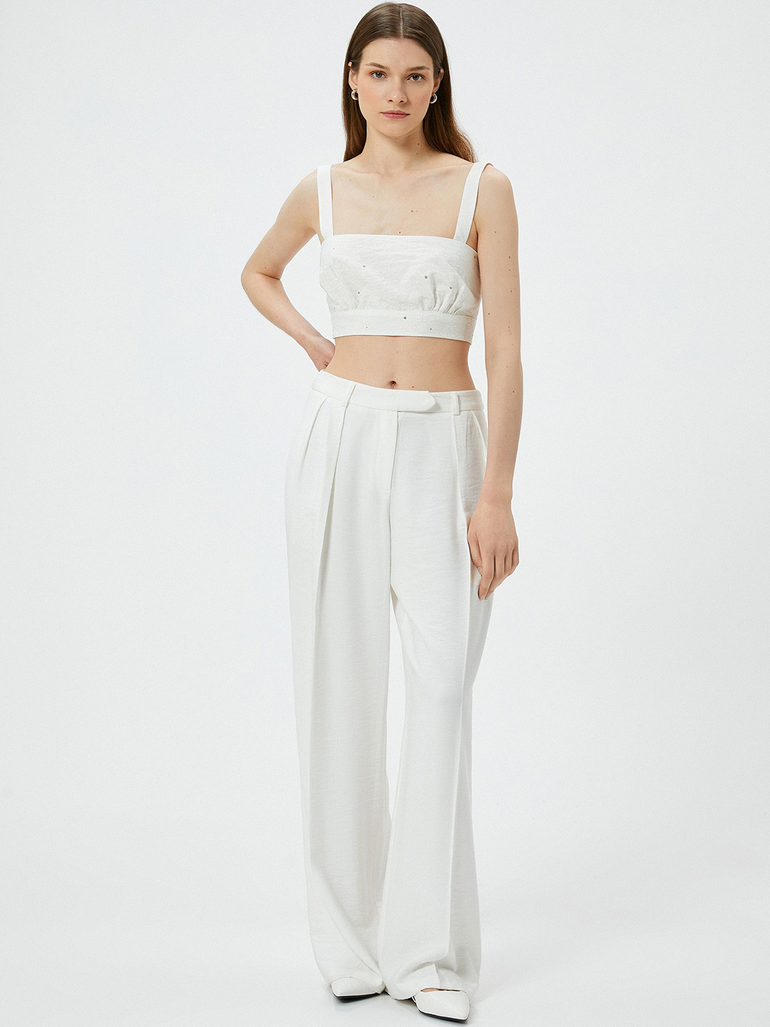 Koton Embroidered Floral Shoulder Straps Smocking Crop Top