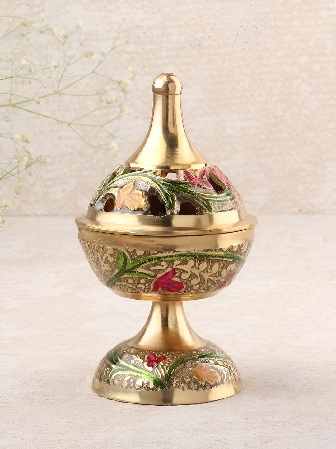 DOKCHAN Gold Toned Textured Brass Pooja Diya With Lid Cover