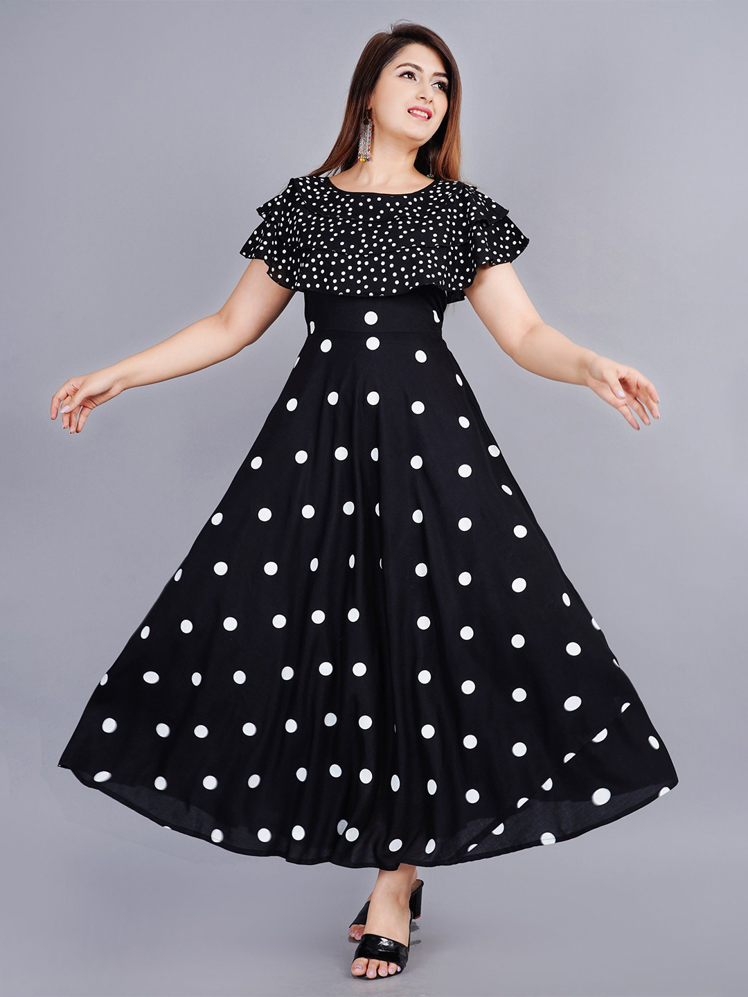 Mintmarie Polka Dot Print Cape Sleeve Maxi Dress