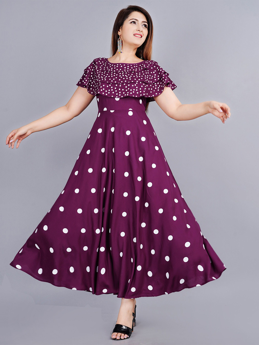 Mintmarie Polka Dot Print Cape Sleeve Maxi Dress