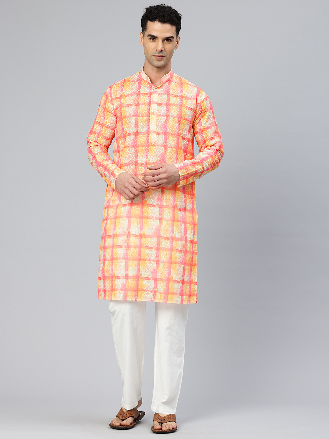 Majestic Man Men Checked Embroidered Kurta