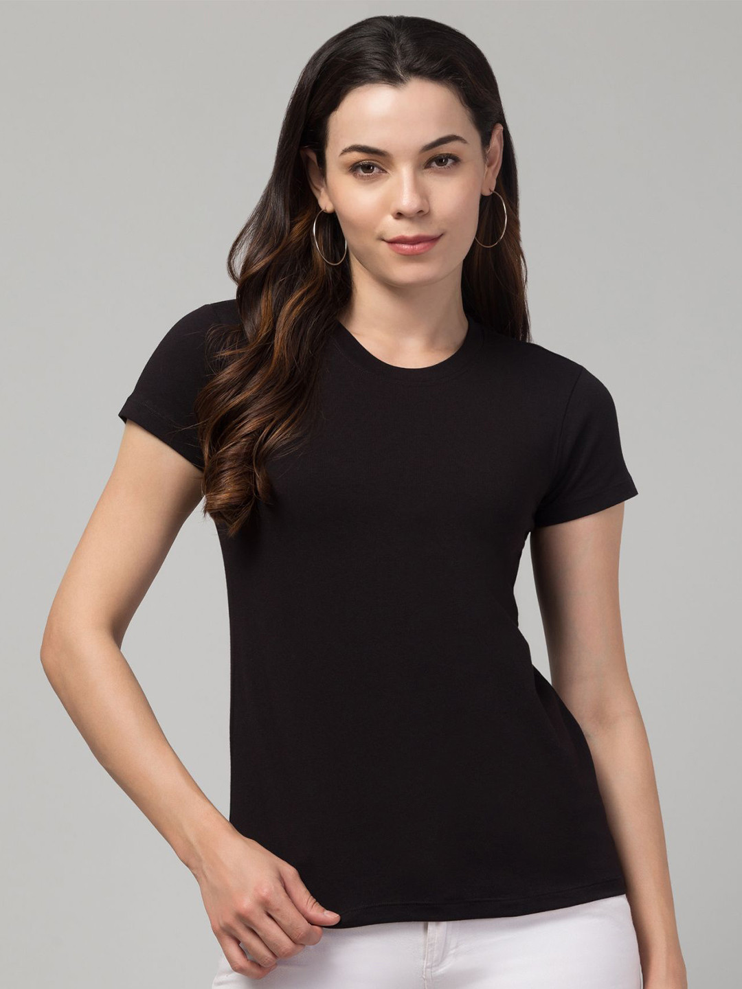 Hive91 Women Round Neck Solid Cotton Activewear T-Shirt