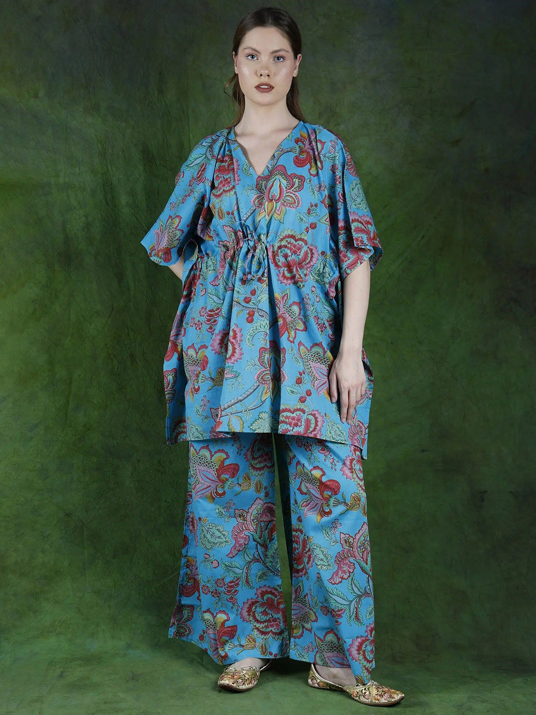 Exotic India Pure Cotton Kaftan Style Tunic With Palazzos Co-Ords Set