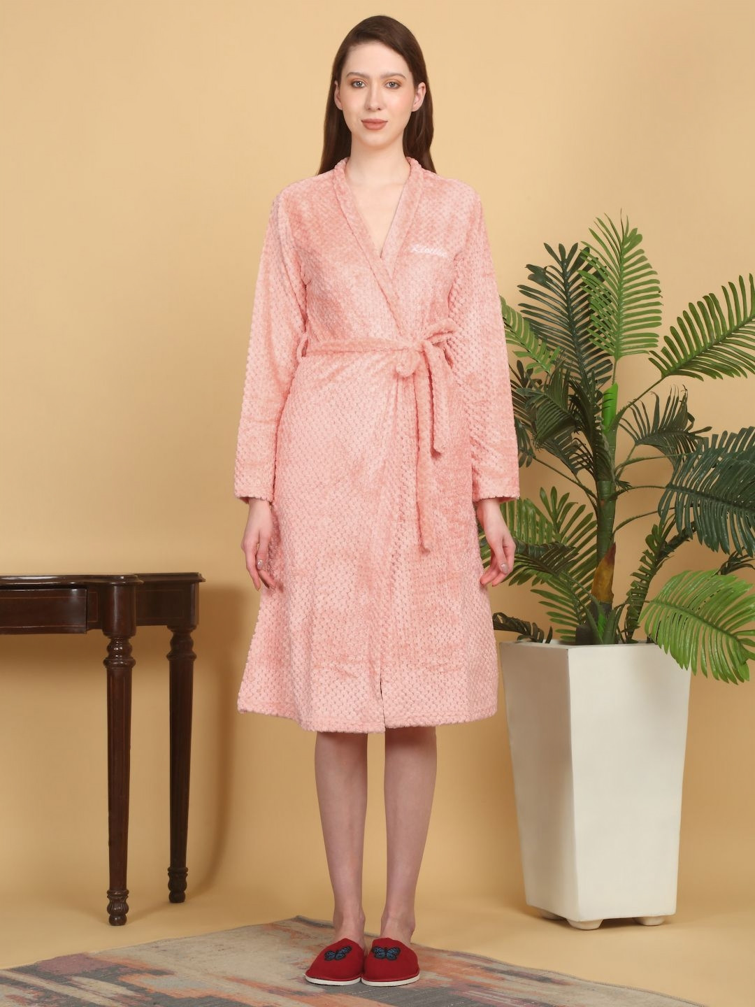 KLOTTHE Orange Self Design Wool Drawstring Knee Length Bath Robe-S
