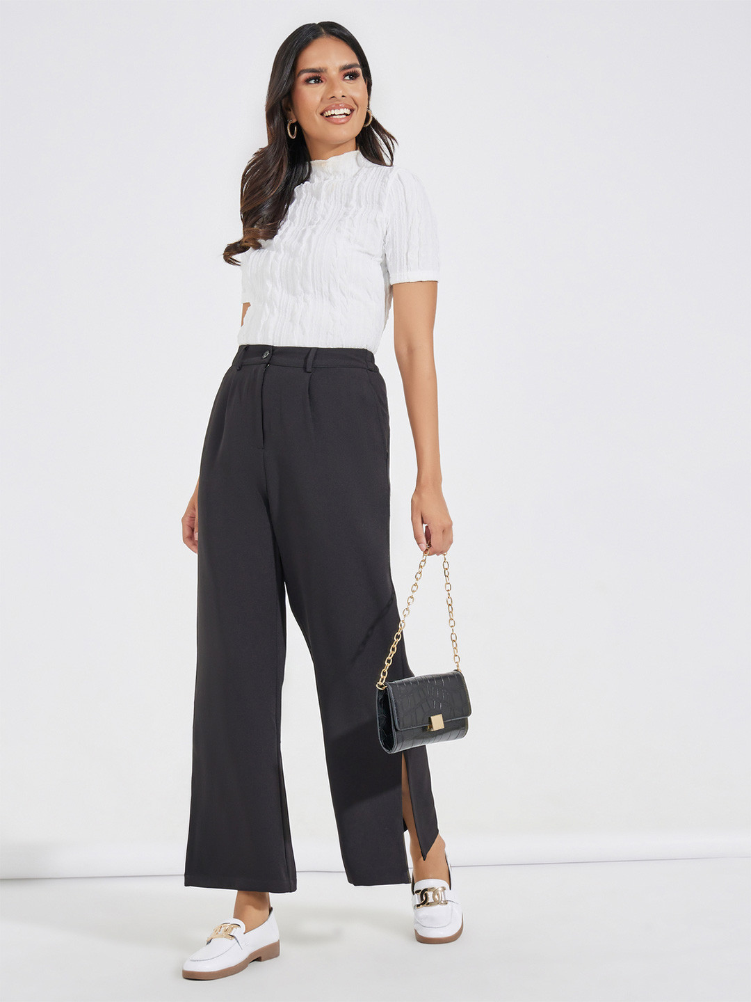 Styli Women Black High Rise Straight Leg Pants With Side Slit