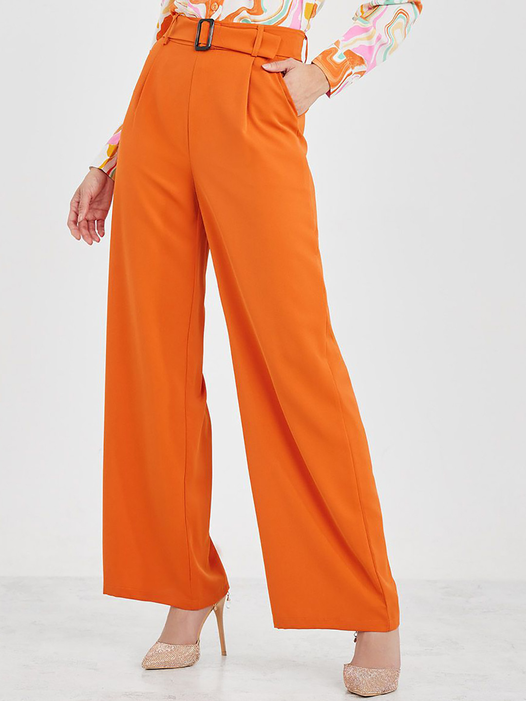 Styli Women Orange High Waist Wide Leg Belted Trouser