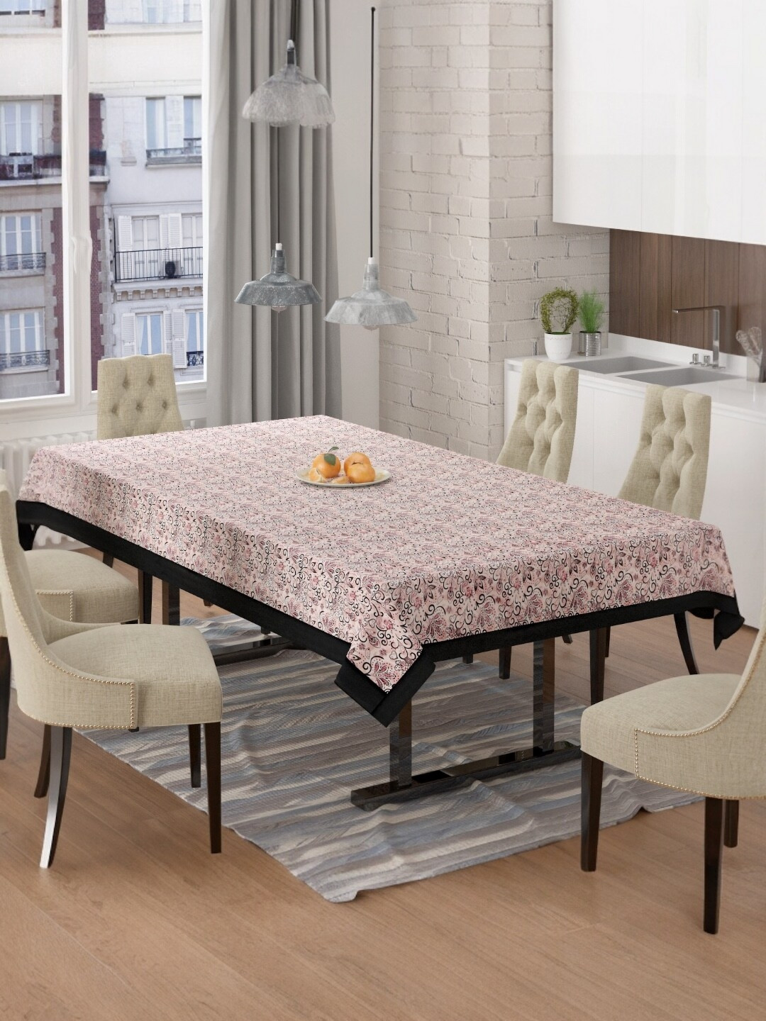 BIGGER FISH Beige Printed Velvet Anti-Skid 6-Seater Table Cover
