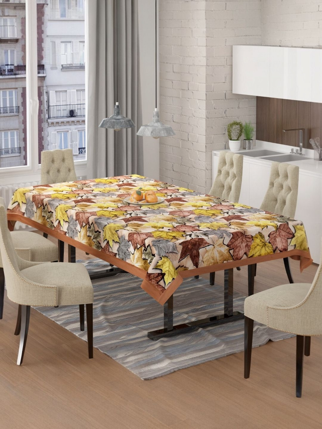 BIGGER FISH Yellow Printed Velvet Anti-Skid 6-Seater Table Cover