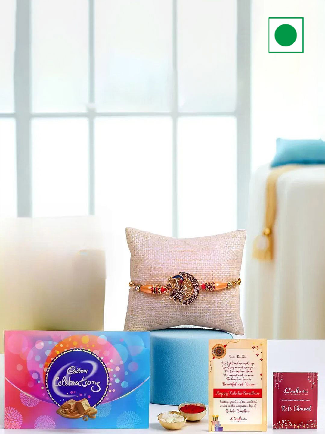 eCraftIndia Beaded Rakhis with Celebrations & Greeting Card With Roli Chawal