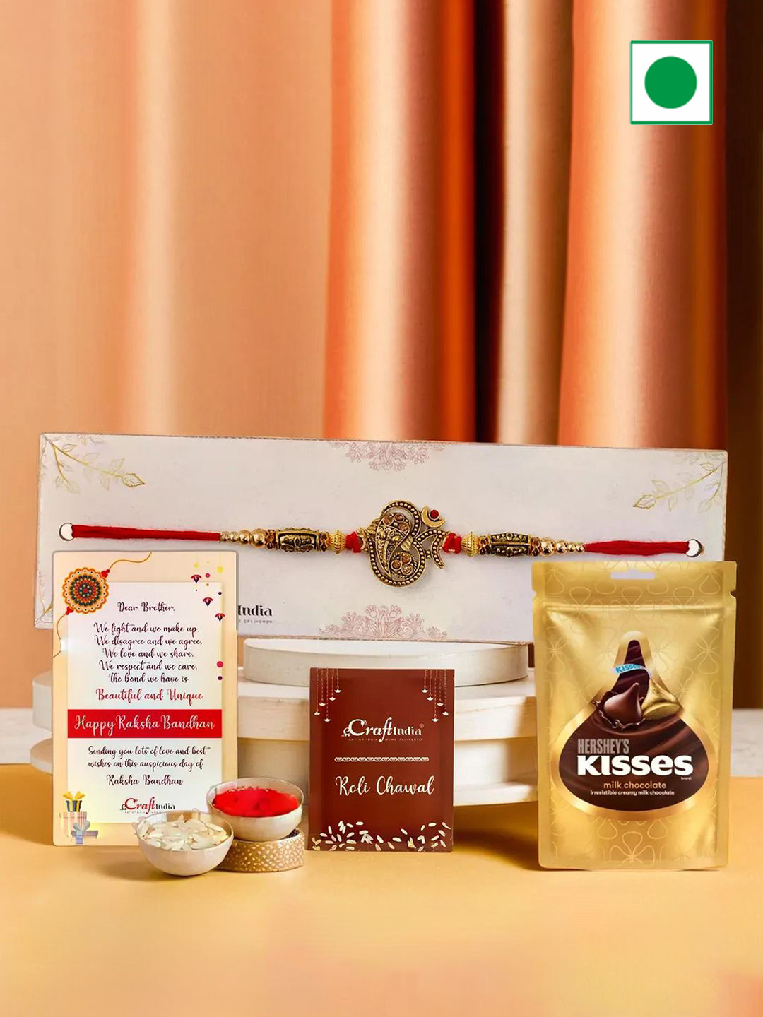 eCraftIndia Rakhis with Kisses Chocolates & Greeting Card With Roli Chawal