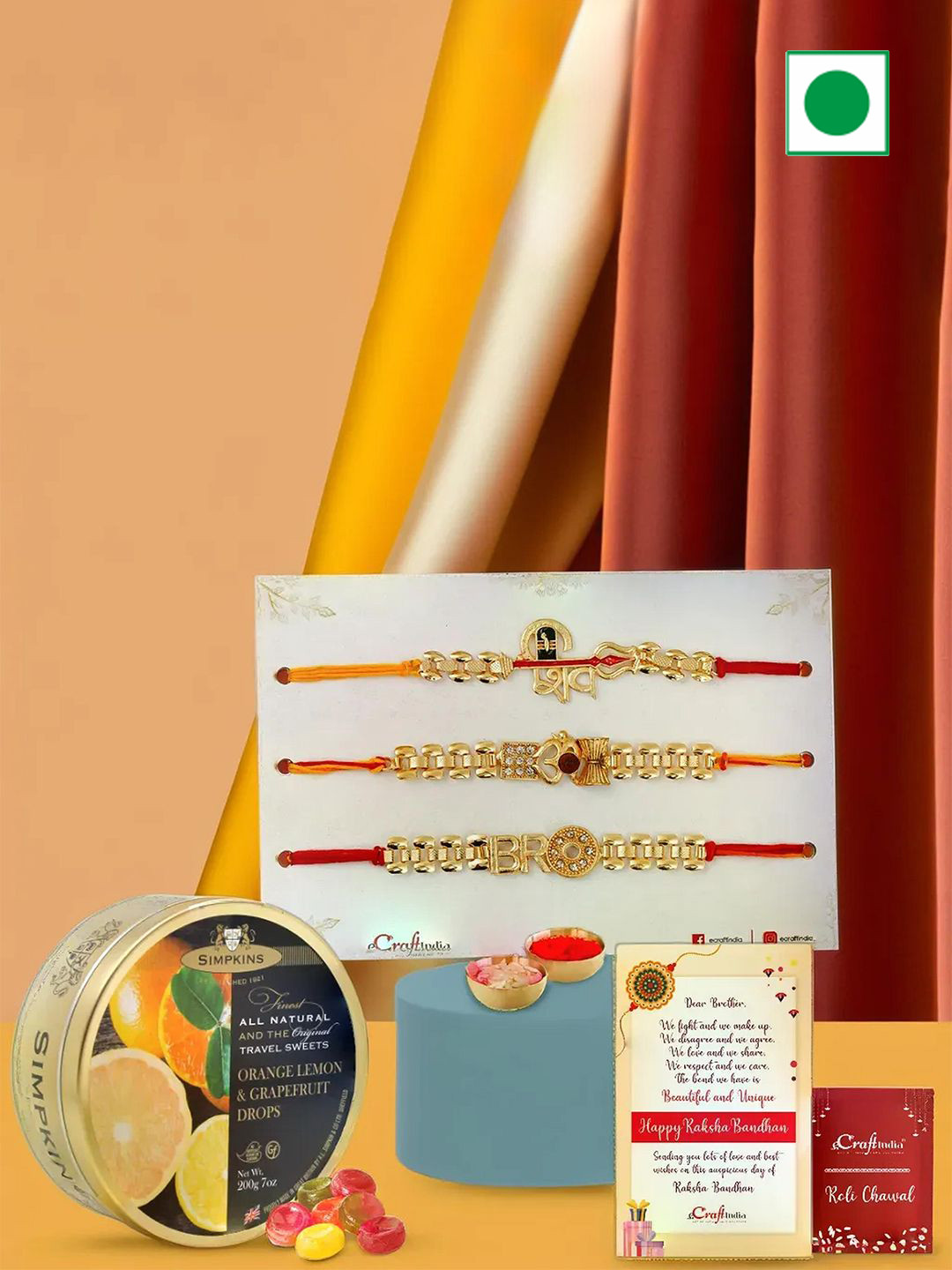 eCraftIndia Set of 3 Rakhis with Drops Candy & Greeting Card With Roli Chawal