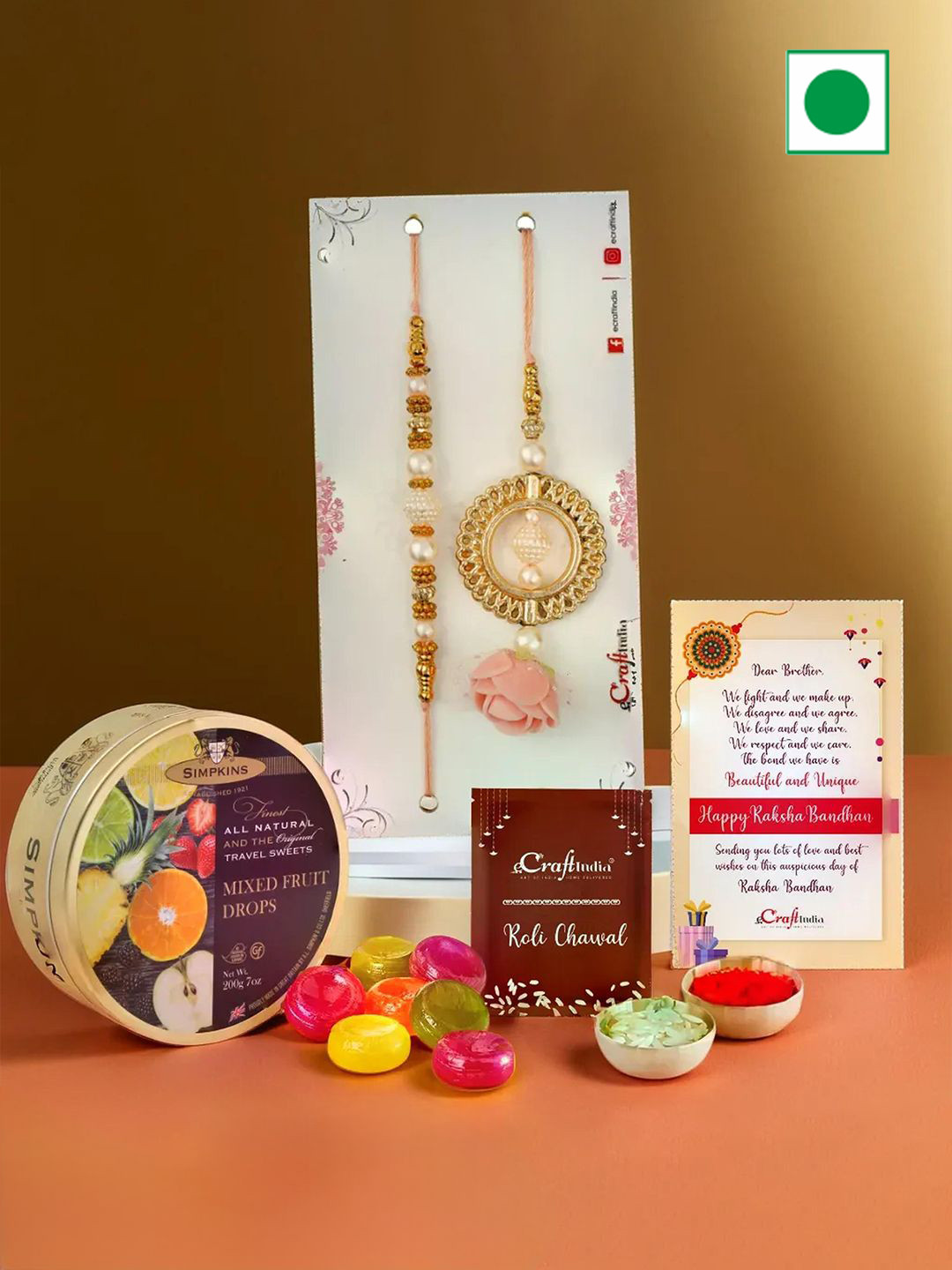 eCraftIndia Set of 2 Rakhis with Drops Candy & Greeting Card With Roli Chawal