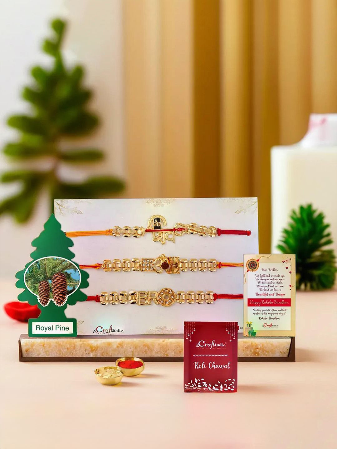 eCraftIndia 3 Pcs Shiva Om Bro Designer Rakhis  Gift Set With Air Freshener