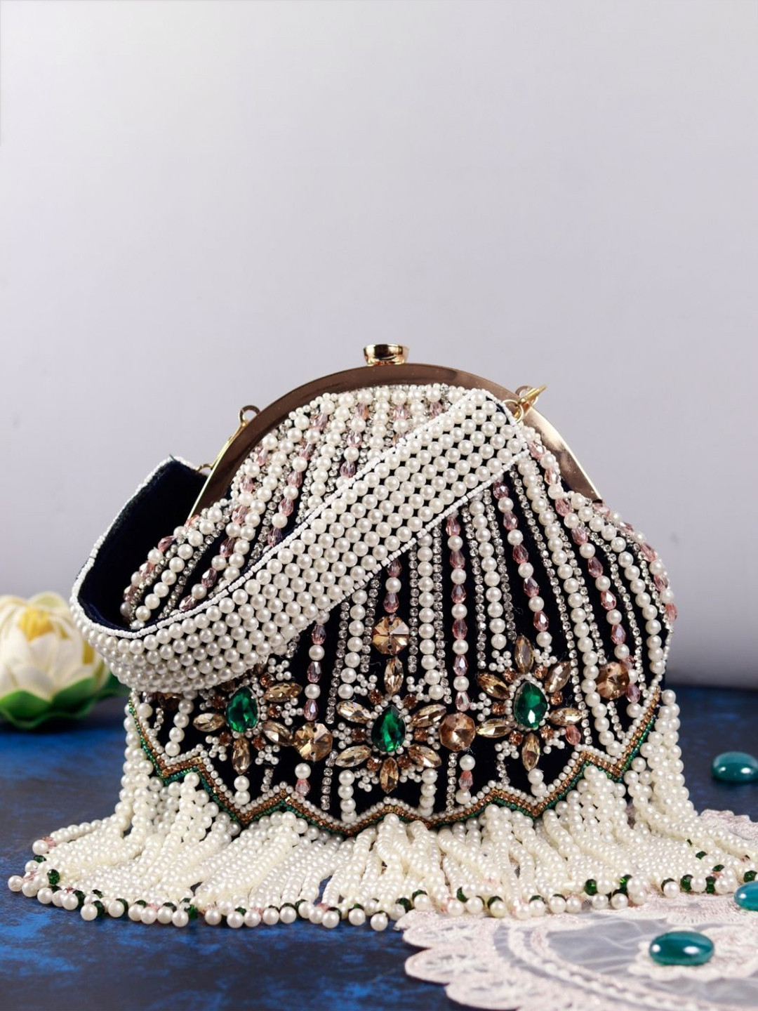 THE TAN CLAN Embroidered Tasselled Half Moon Clutch