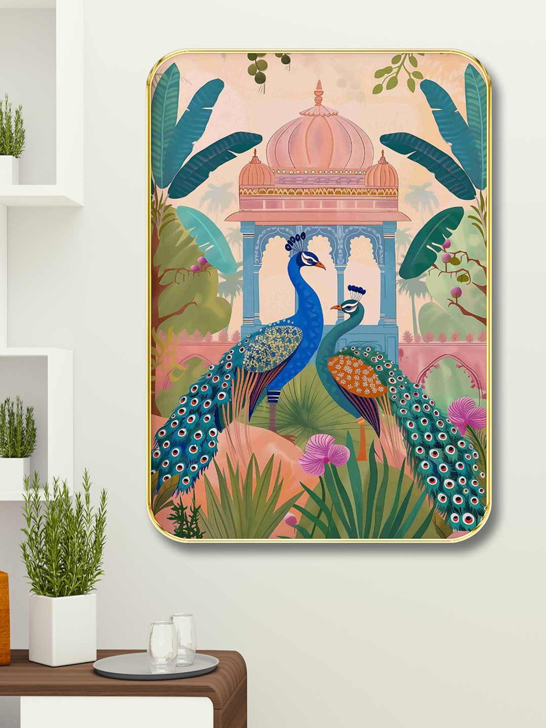 Aura Peacock Theme Natural Wood Wall Rectangle Photographs Wall Art -24 x 18 In