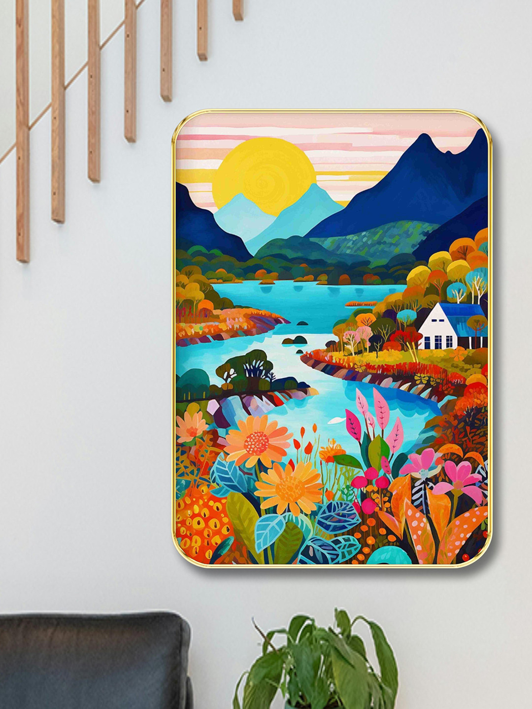 Aura Orange & Blue Floral and Botanical Wooden Wall Frame