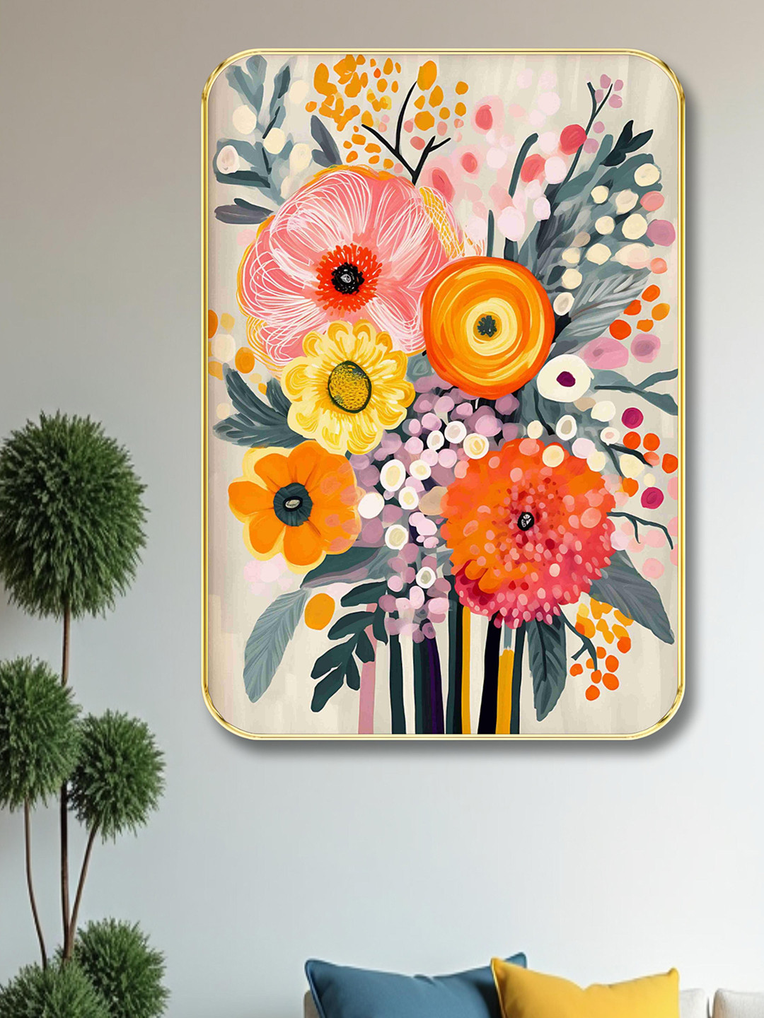 Aura Pink & Orange Floral and Botanical Wooden Wall Frame
