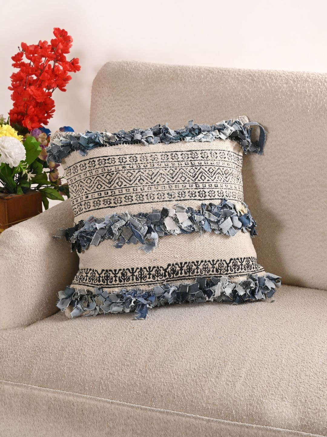 Art Avenue Block Printed Ethnic Motifs Denim Chindi Breathable Cushion Cover -16x16In