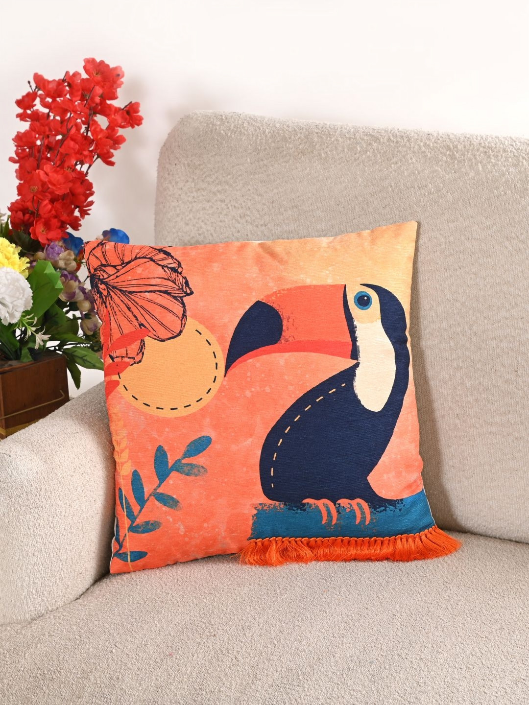 Art Avenue Orange Ethnic Motifs Cotton Breathable Cushion Cover - 15.7 x 15.7 Inches