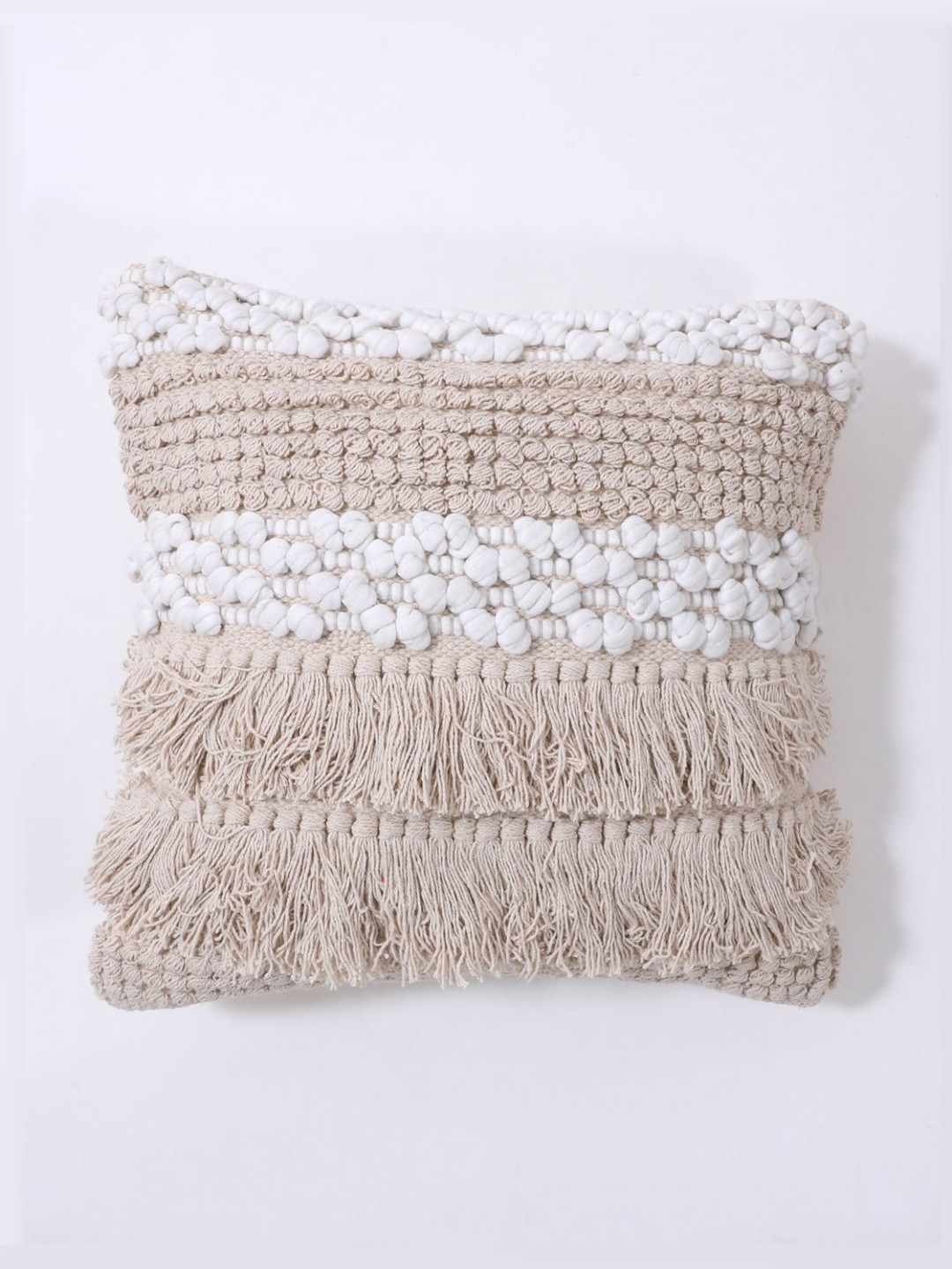 Art Avenue White & Beige Self Design Textured Cotton Square Cushion Cover