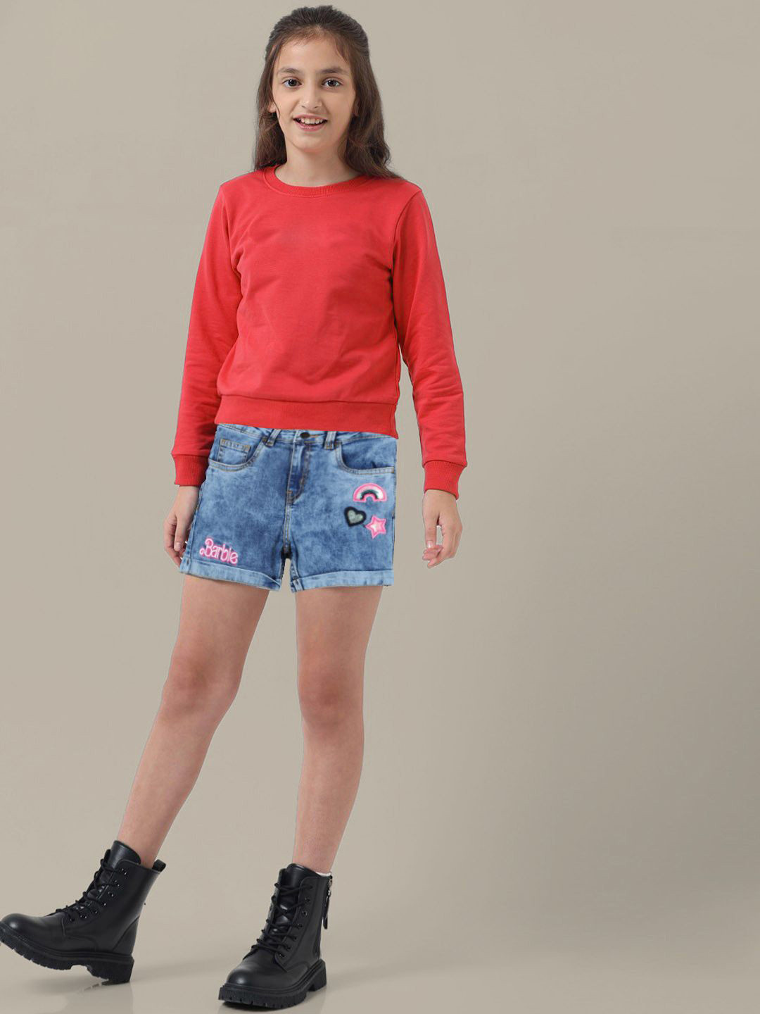 Kids Ville Girls Barbie Printed Regular Fit Denim Shorts