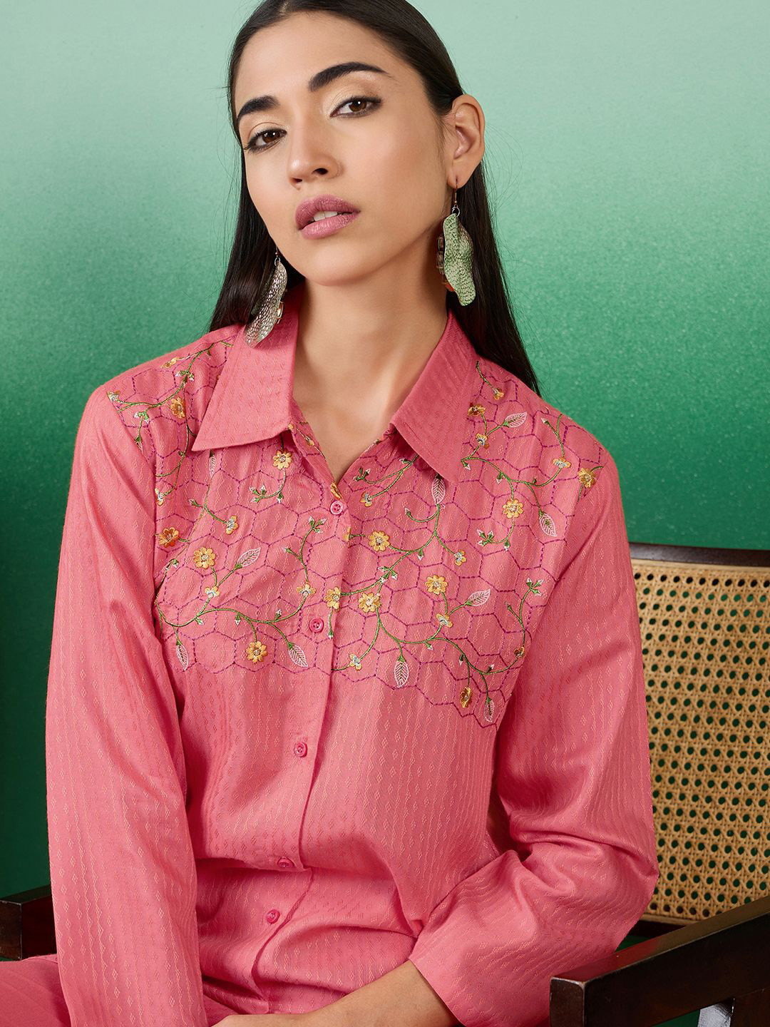 Sangria Red Floral Embroidered Shirt & Trouses Co-Ords