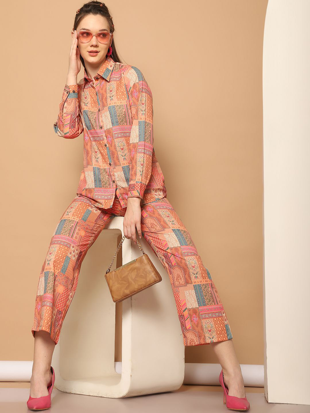 Indian Needle Ethnic Motifs Printed Cuffed Sleeves Casual Shirt With Trousers