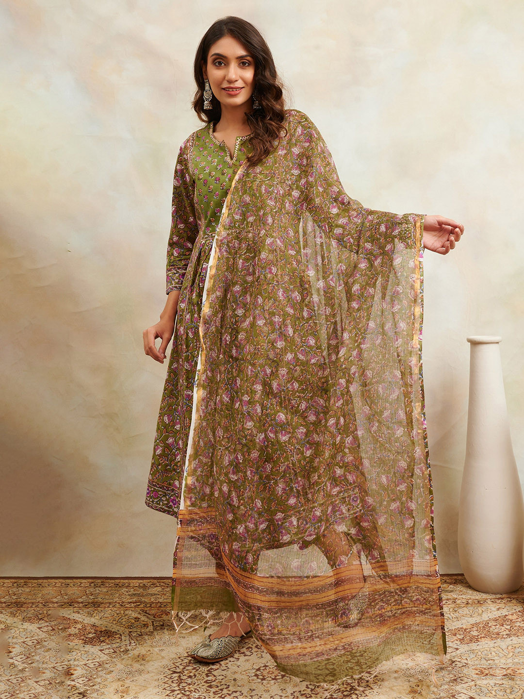 Tahiliya Green & Purple Block Sanganeri Kota Doria Dupatta