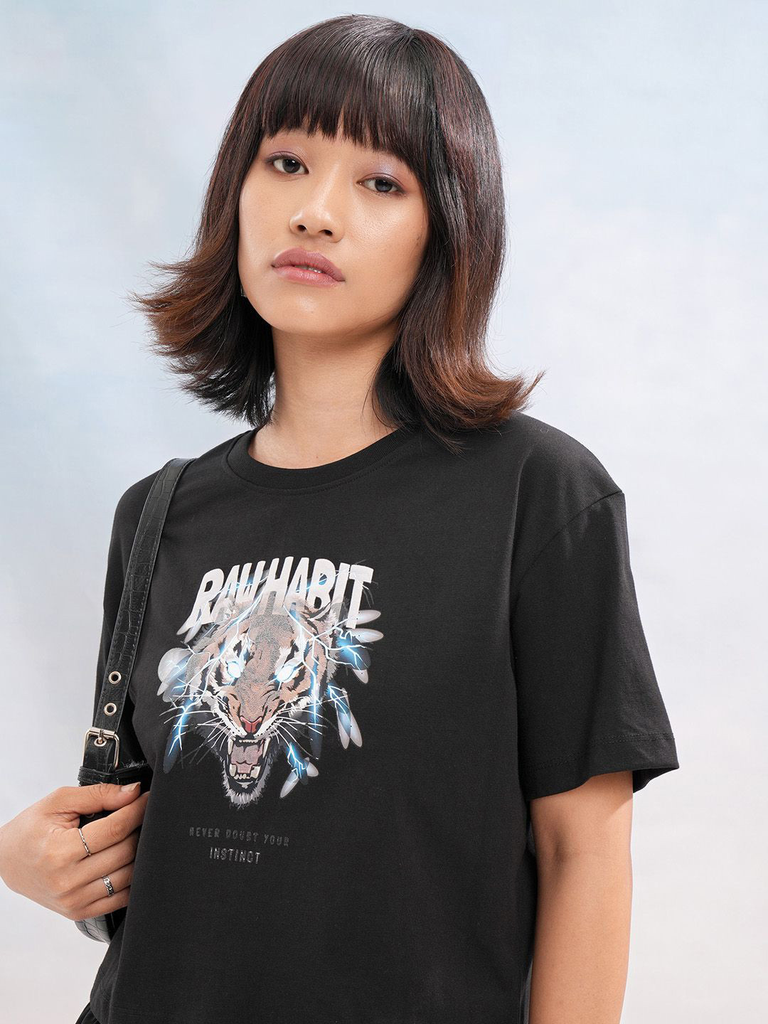 Street By Tokyo Talkies Women Biker Printed Raw Edge Relaxed Fit T-shirt