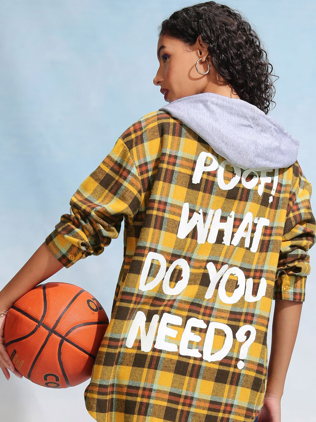 Tokyo Talkies Women Check Oversize Longline Printed Hoodie