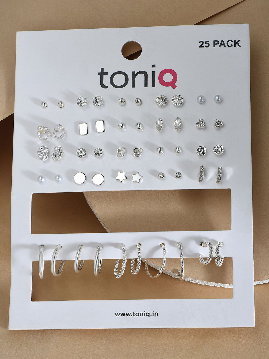 ToniQ Set of 25 Silver-Plated Stones Studded Contemporary Studs & Half Hoop Earrings