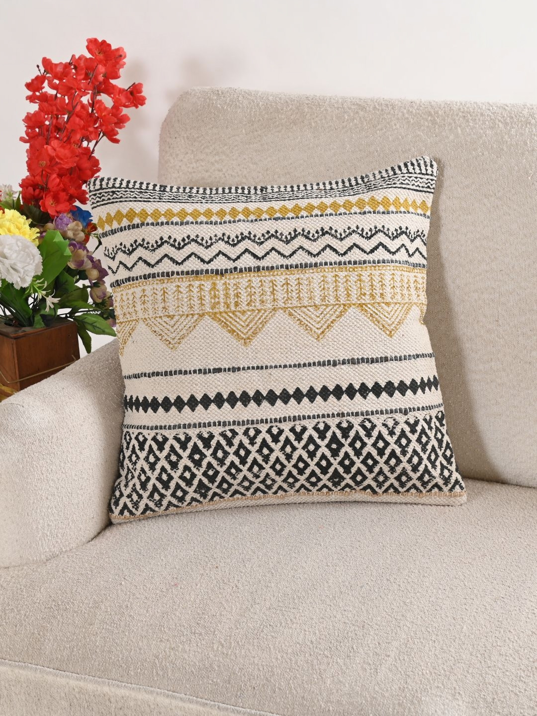 Art Avenue Mustard & Black Geometric Embroidered Cotton Square Cushion Cover