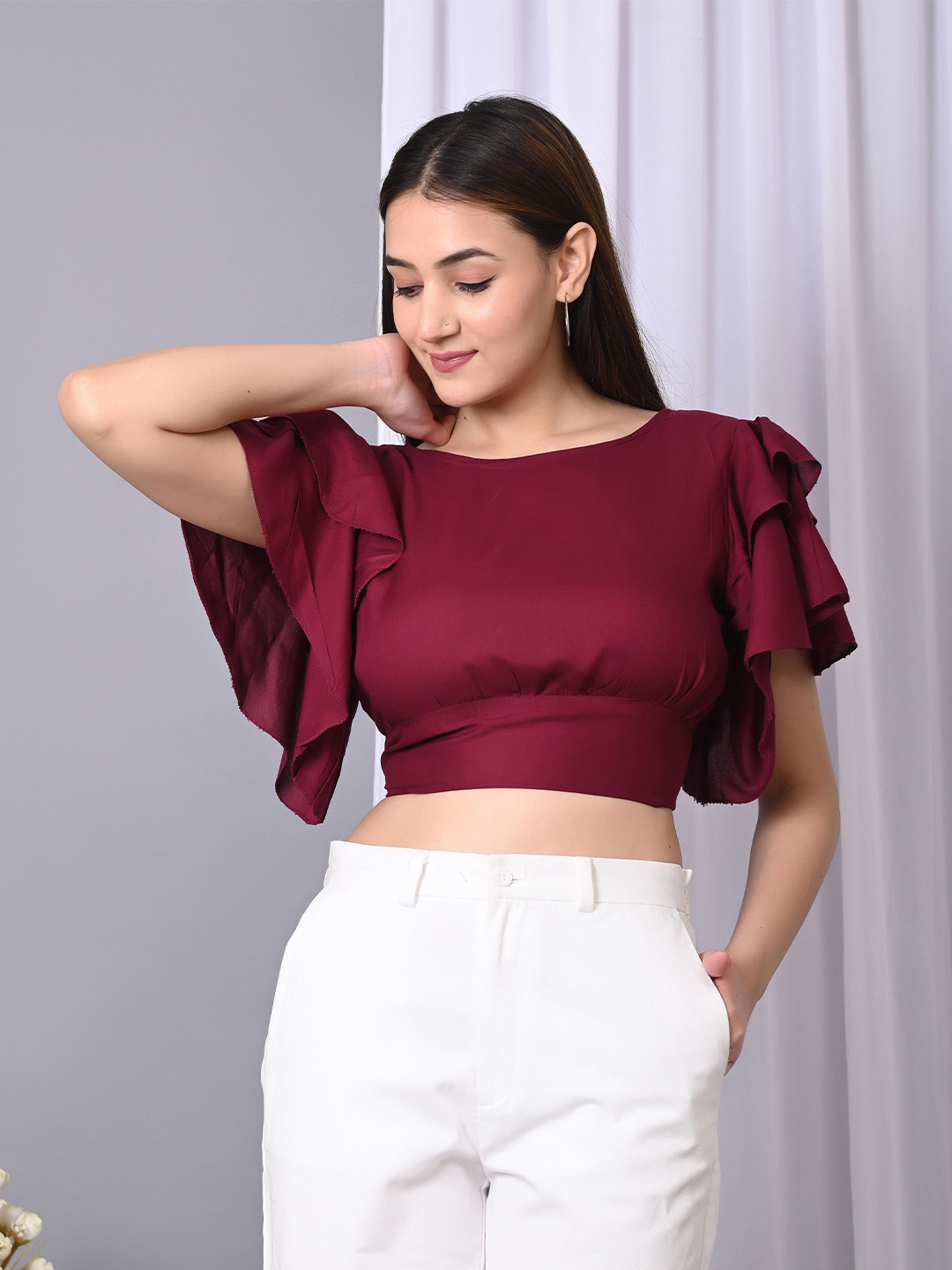 IQRAAR Women Solid Flutter Sleeve Round Neck Ruffles Crop Top