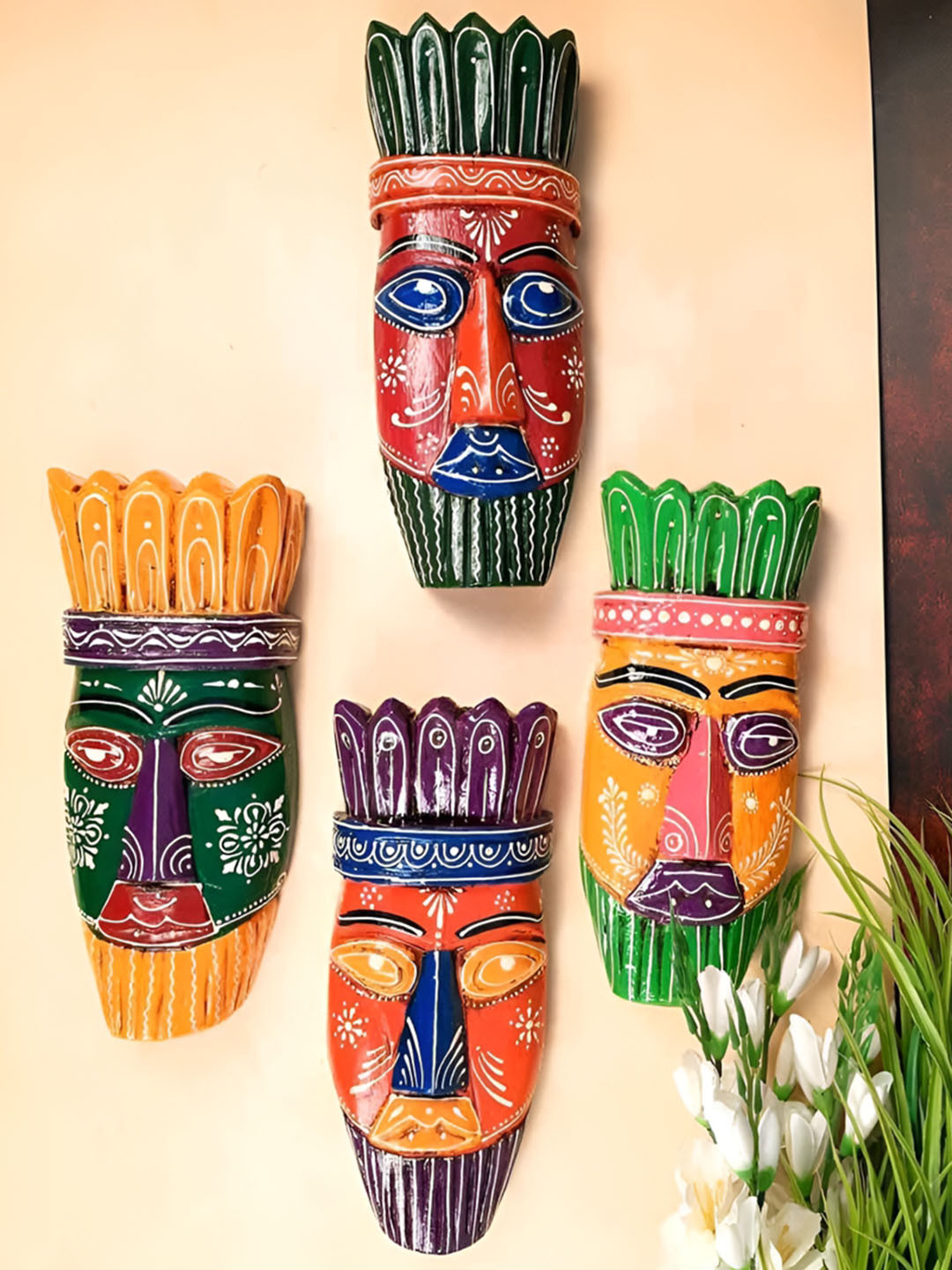 apka mart Orange & Red 4 Pieces Wooden Nazar Battu Tribal Masks Wall Decors
