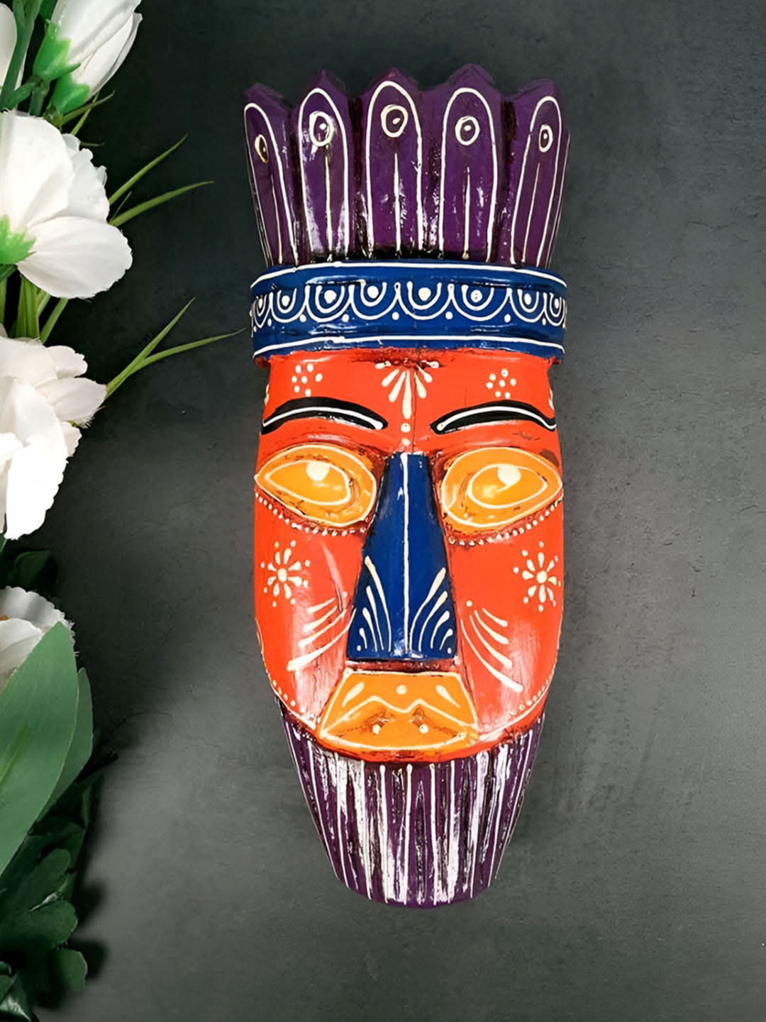apka mart Orange & Yellow Printed Wood Wall Tribal African Mask Hangings