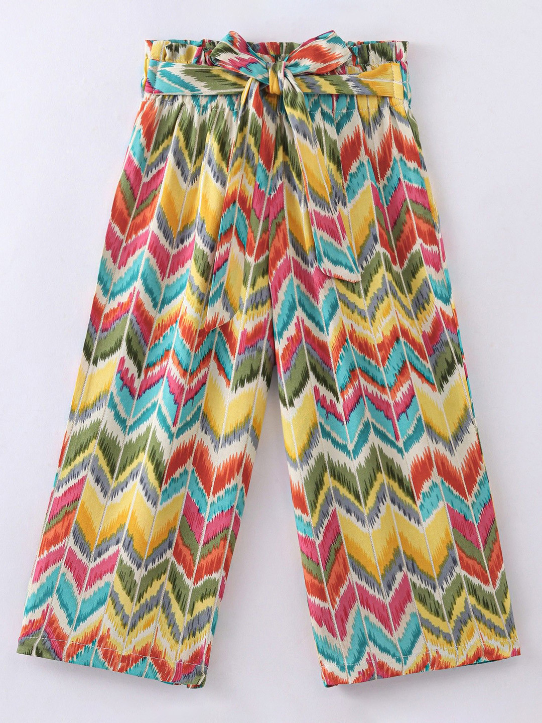 CrayonFlakes Girls Pink Zig Zag Geometric Printed Straight Fit Knitted Palazzo