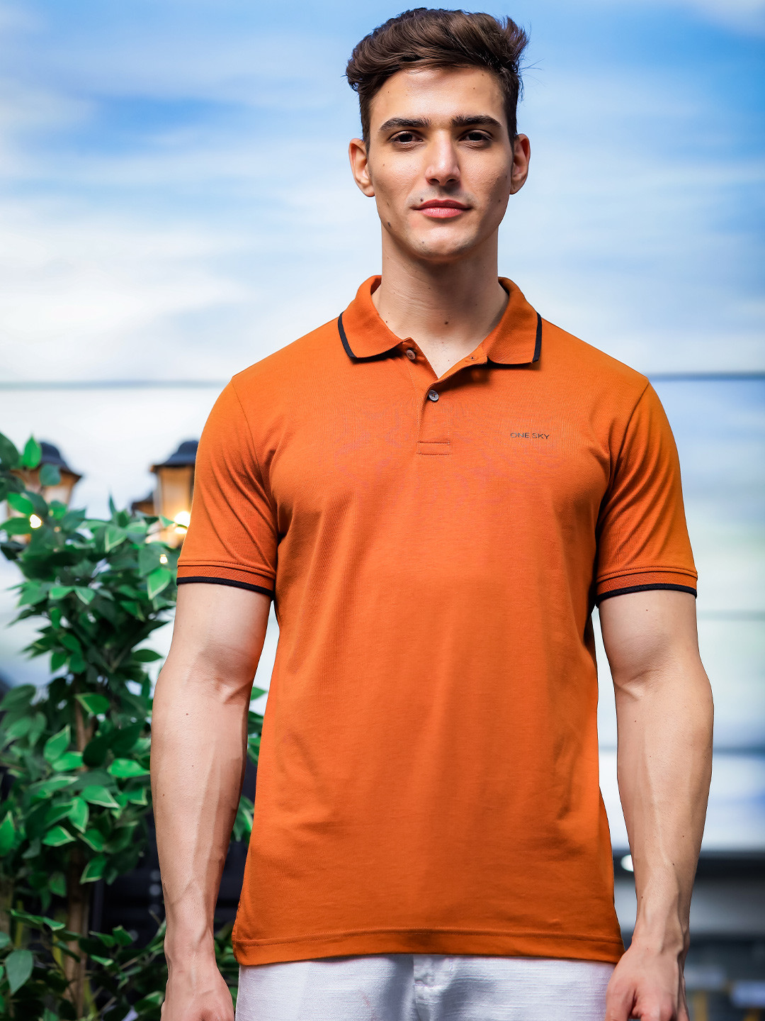 ONE SKY Men Sports Polo Collar Extended SleevesT-shirt