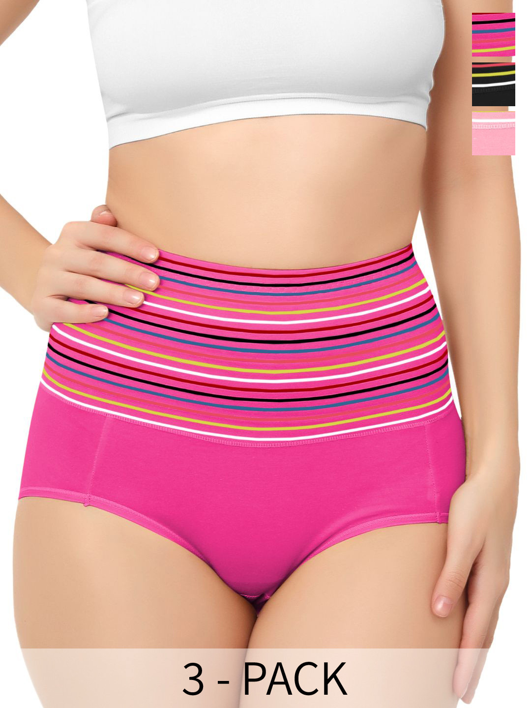 Bella Voste Pack of 3 High-Rise Striped Tummy Control Anti Bacterial Hipsters Briefs