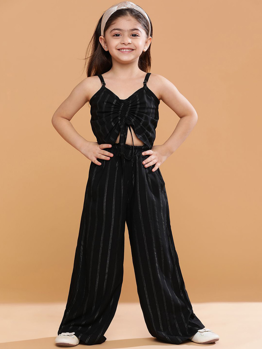 TALES & STORIES Girls Black Striped Top With Palazzos