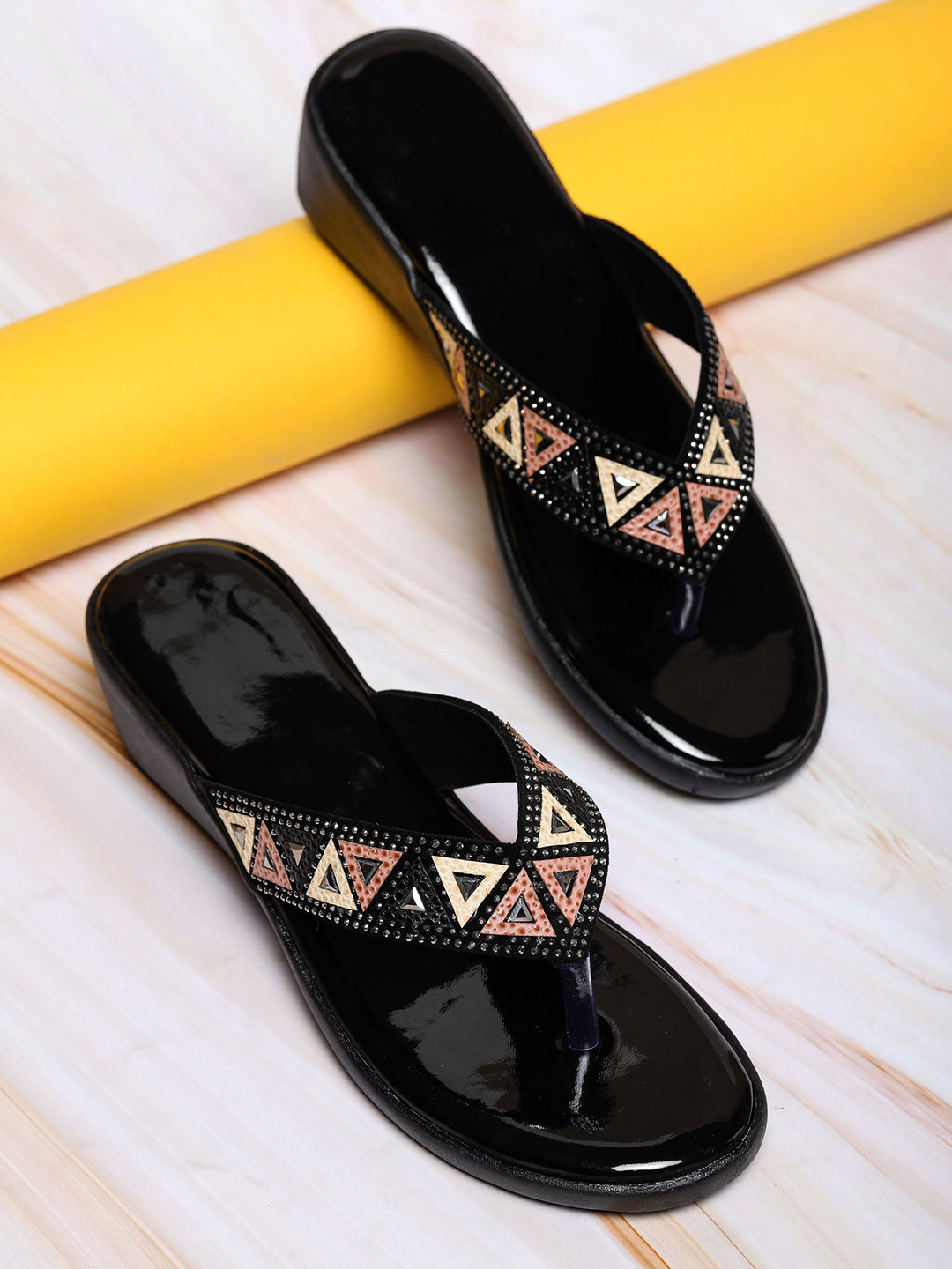 FABBMATE Embellished Open Toe Wedge Pumps