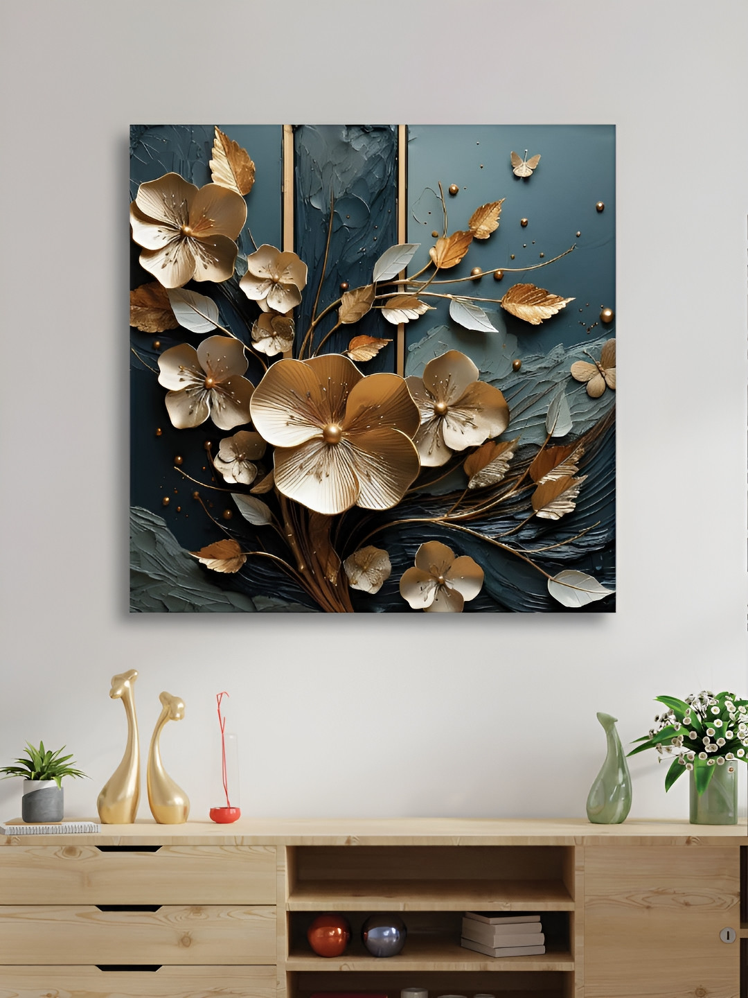 RANDOM Gold-Toned & Blue Canvas Floral and Botanical Wall Art